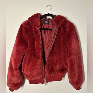Faux Fur Bomber Jacket in Red